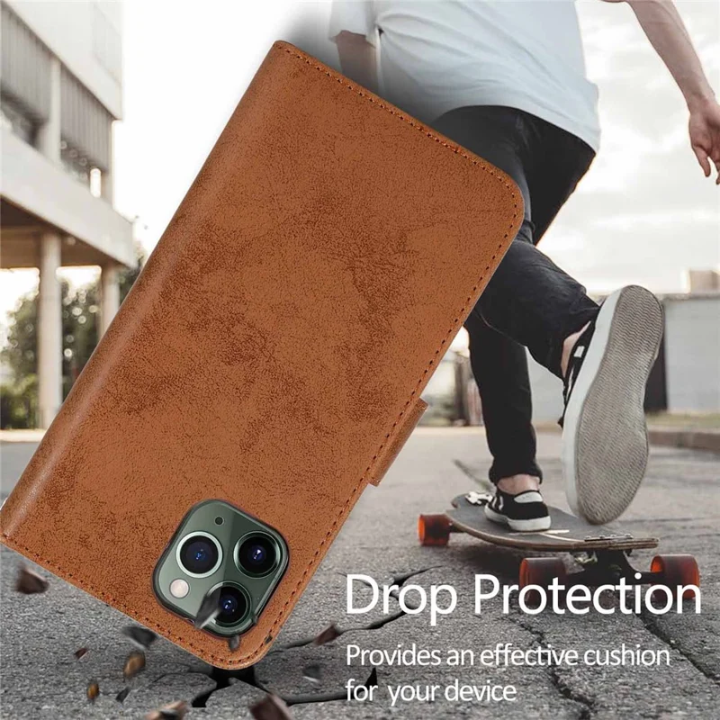 For iPhone 11 Pro Max Wallet Case Retro Matte Magnetic Detachable PU Leather TPU Phone Cover - Brown