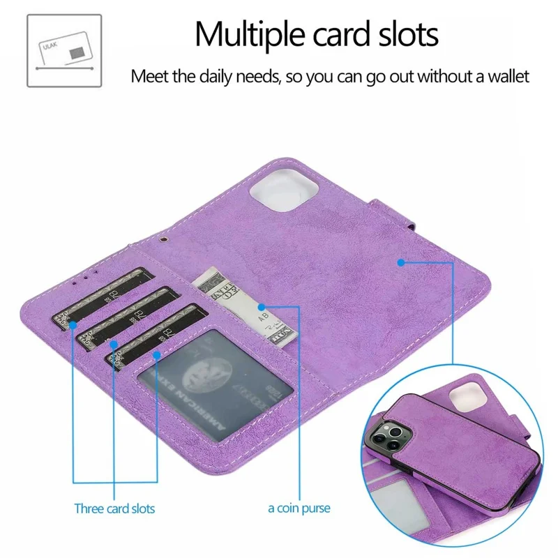 For iPhone 12  /  12 Pro Wallet Case Retro Matte Magnetic Detachable PU Leather TPU Phone Cover - Purple