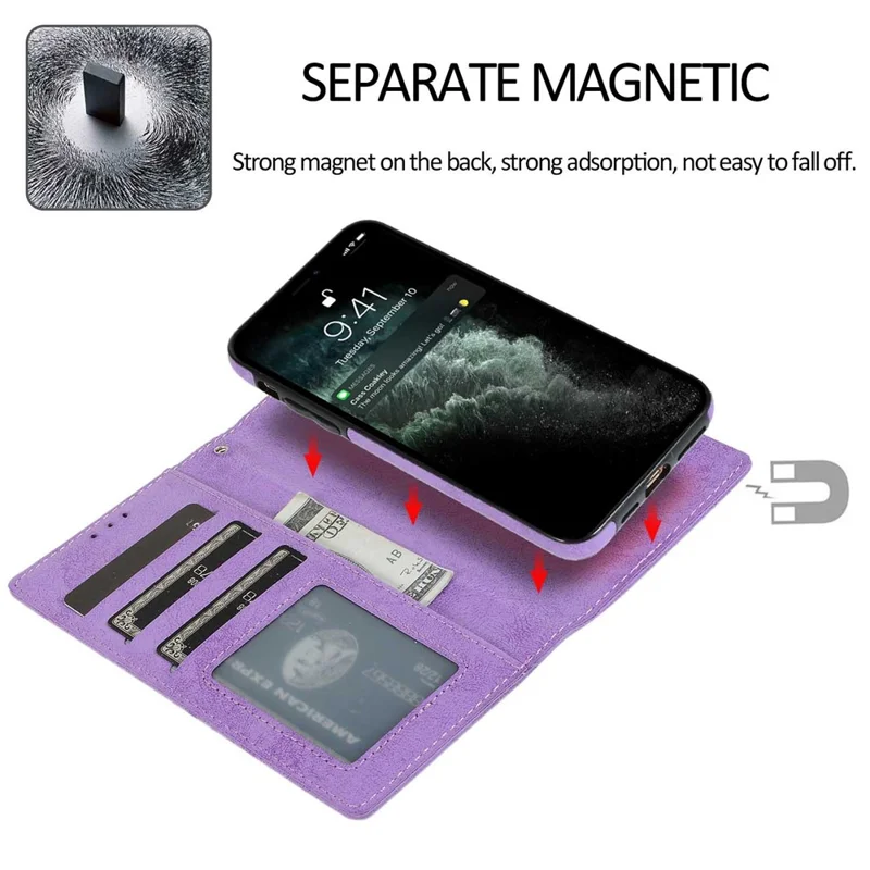 For iPhone 12  /  12 Pro Wallet Case Retro Matte Magnetic Detachable PU Leather TPU Phone Cover - Purple