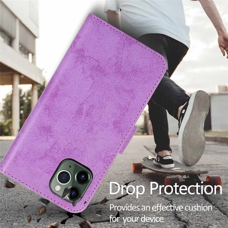 For iPhone 12  /  12 Pro Wallet Case Retro Matte Magnetic Detachable PU Leather TPU Phone Cover - Purple