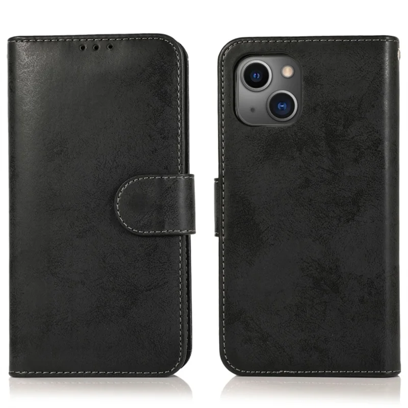 For iPhone 13 Wallet Case Retro Matte Magnetic Detachable PU Leather TPU Phone Cover - Black
