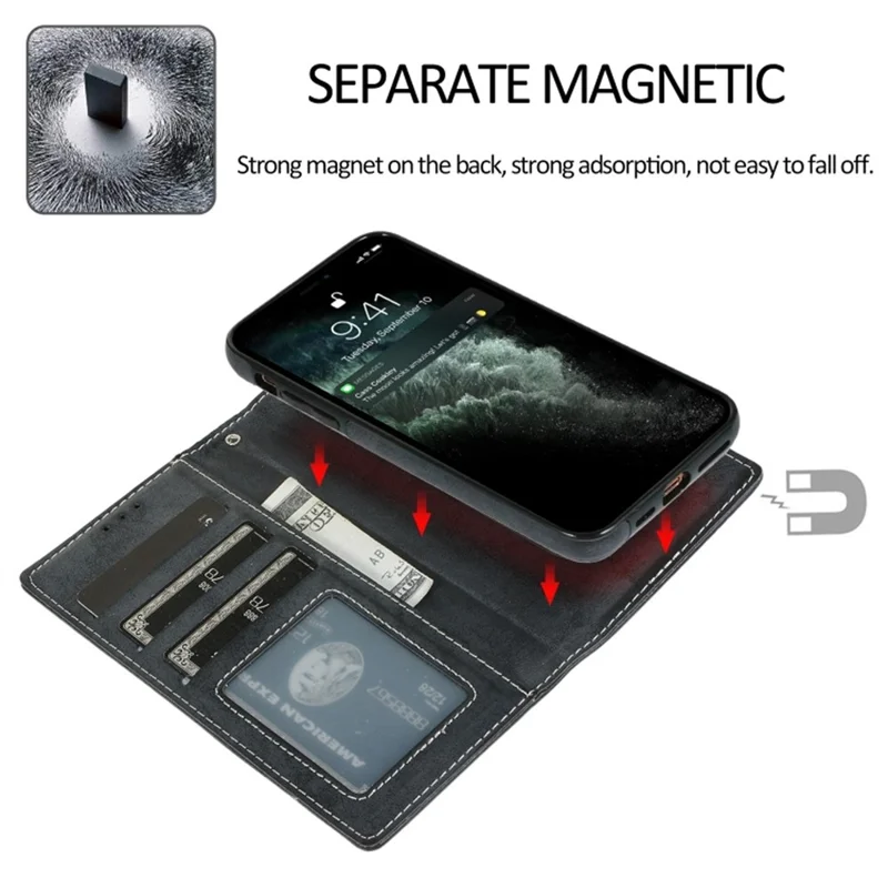 For iPhone 13 Wallet Case Retro Matte Magnetic Detachable PU Leather TPU Phone Cover - Black