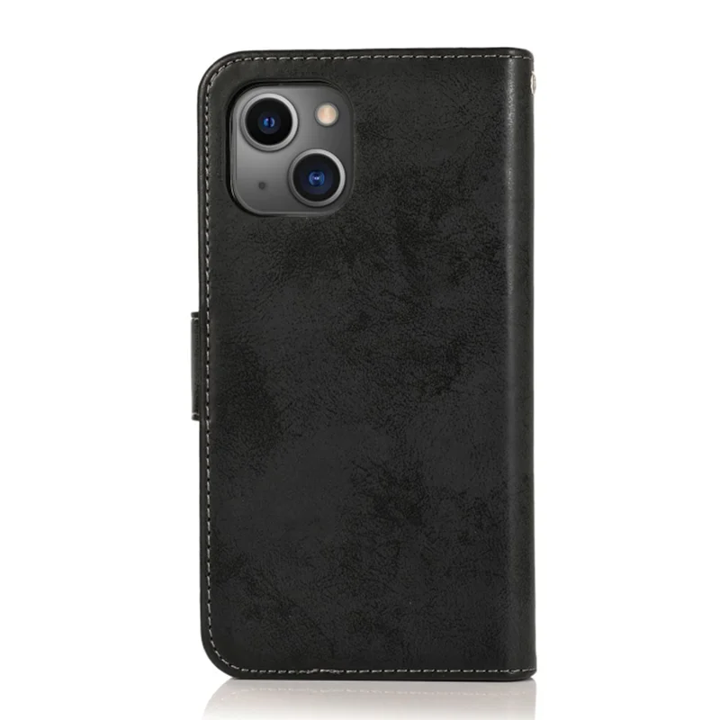 For iPhone 13 Wallet Case Retro Matte Magnetic Detachable PU Leather TPU Phone Cover - Black