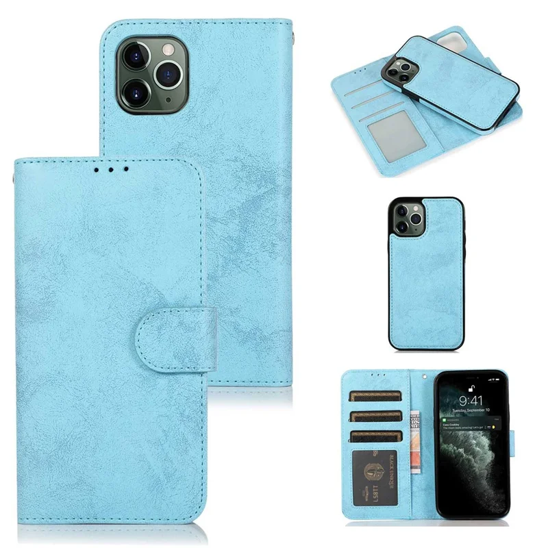 For iPhone 13 Pro Wallet Case Retro Matte Magnetic Detachable PU Leather TPU Phone Cover - Sky Blue