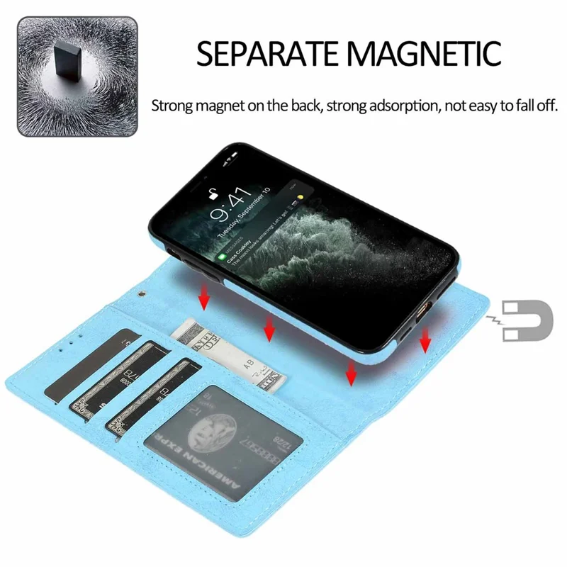 For iPhone 13 Pro Wallet Case Retro Matte Magnetic Detachable PU Leather TPU Phone Cover - Sky Blue