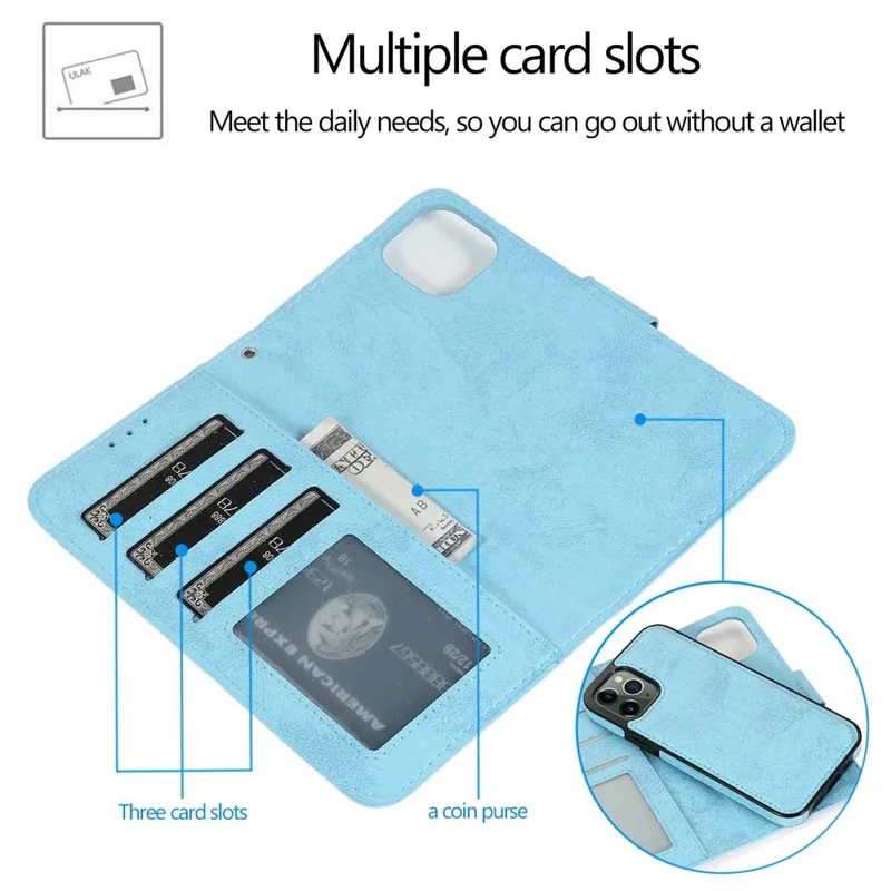 For iPhone 13 Pro Wallet Case Retro Matte Magnetic Detachable PU Leather TPU Phone Cover - Sky Blue