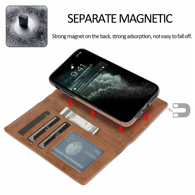 للهاتف iPhone 13 Pro غطاء محفظة بتصميم ريترو غير لامع مغناطيسي قابل للفصل من جلد PU ومطاط TPU - بني