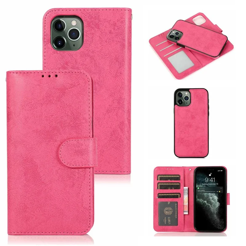 Funda cartera para iPhone 13 Pro, funda magnética desmontable retro mate de cuero PU y TPU, color rosa