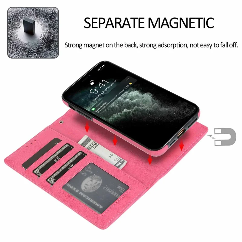 Funda cartera para iPhone 13 Pro, funda magnética desmontable retro mate de cuero PU y TPU, color rosa