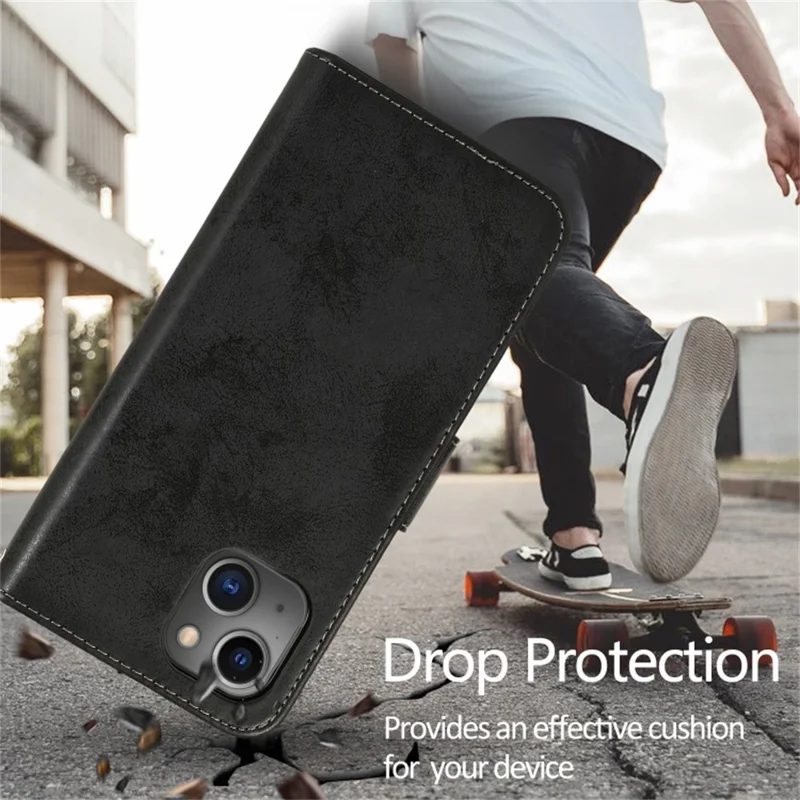 For iPhone 15 Wallet Case Retro Matte Magnetic Detachable PU Leather TPU Phone Cover - Black