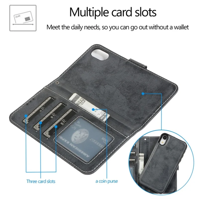 Futerał portfelowy na iPhone'a XR, retro matowy magnetyczny wymienny futerał z poliuretanu i miękkiego TPU - Czarny