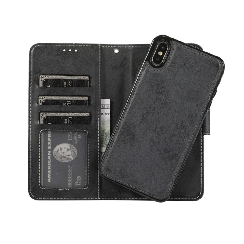 For iPhone XS Max Wallet Case Retro Matte Magnetic Detachable PU Leather TPU Phone Cover - Black