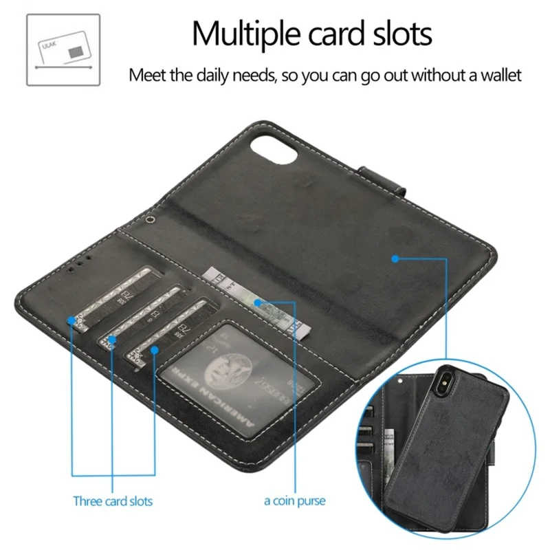 For iPhone XS Max Wallet Case Retro Matte Magnetic Detachable PU Leather TPU Phone Cover - Black