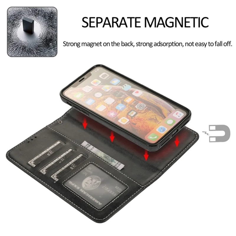 For iPhone XS Max Wallet Case Retro Matte Magnetic Detachable PU Leather TPU Phone Cover - Black