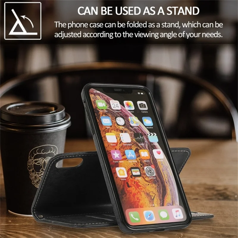 For iPhone XS Max Wallet Case Retro Matte Magnetic Detachable PU Leather TPU Phone Cover - Black