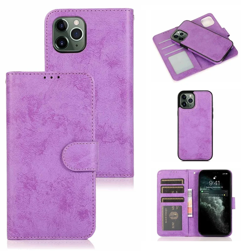 For iPhone 16 Pro Wallet Case Retro Matte Magnetic Detachable PU Leather TPU Phone Cover - Purple