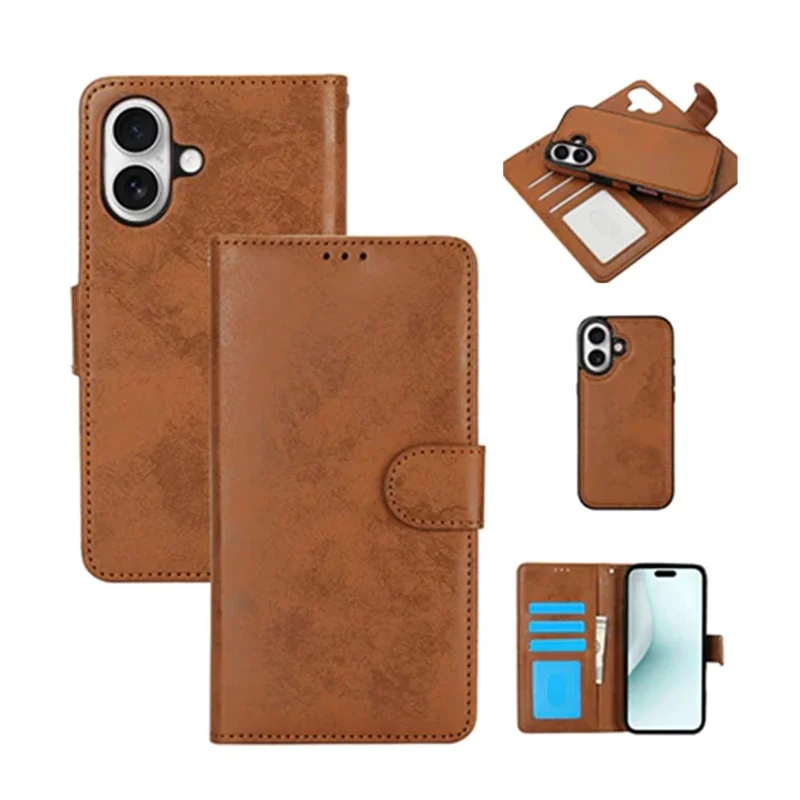 For iPhone 16 Wallet Case Retro Matte Magnetic Detachable PU Leather TPU Phone Cover - Brown