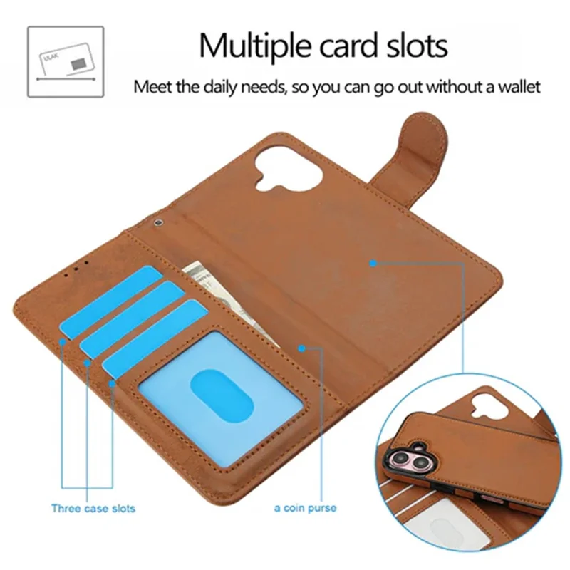 For iPhone 16 Wallet Case Retro Matte Magnetic Detachable PU Leather TPU Phone Cover - Brown