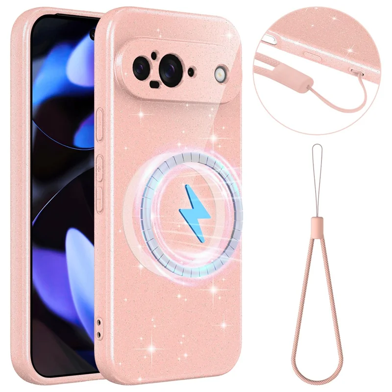 For Google Pixel 9 Magnetic Case Glitter TPU Shockproof Phone Cover with Lanyard - Pink