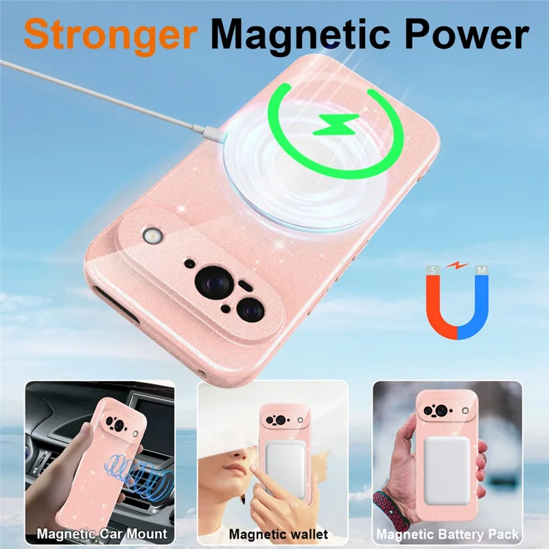 For Google Pixel 9 Magnetic Case Glitter TPU Shockproof Phone Cover with Lanyard - Pink