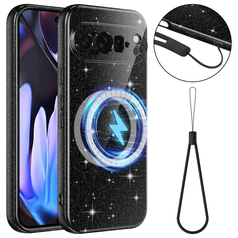 For Google Pixel 9 Pro Magnetic Case Glitter TPU Shockproof Phone Cover with Lanyard - Black