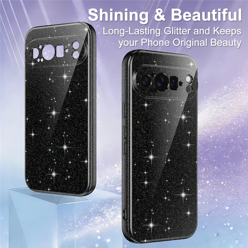 For Google Pixel 9 Pro Magnetic Case Glitter TPU Shockproof Phone Cover with Lanyard - Black