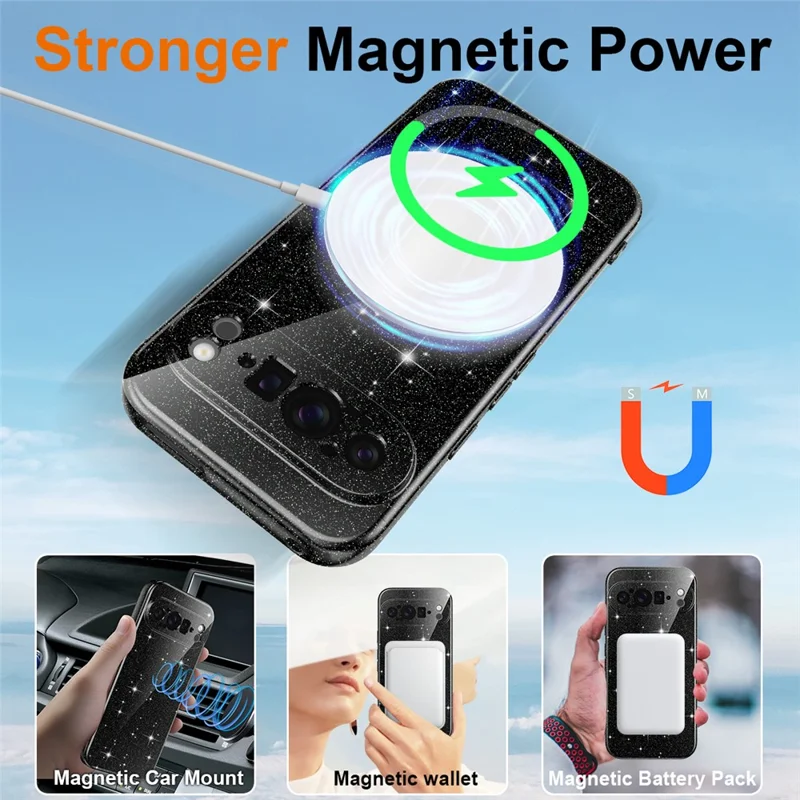 For Google Pixel 9 Pro XL Magnetic Case Glitter TPU Shockproof Phone Cover with Lanyard - Black