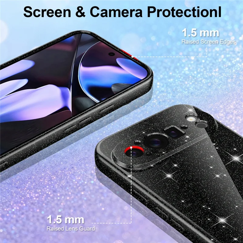 For Google Pixel 9 Pro XL Magnetic Case Glitter TPU Shockproof Phone Cover with Lanyard - Black