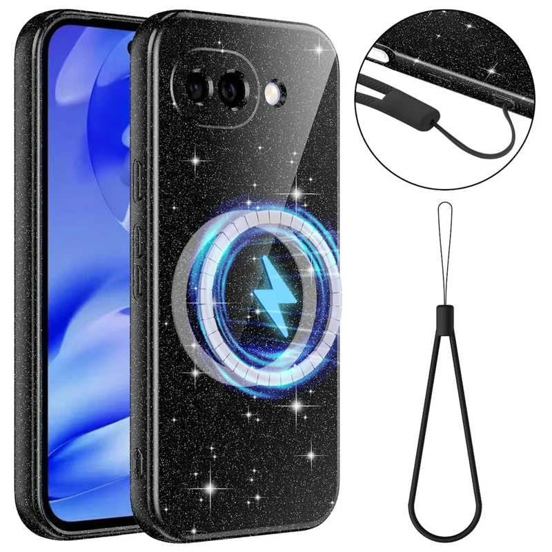 For Google Pixel 10a Magnetic Case Glitter TPU Shockproof Phone Cover with Lanyard - Black