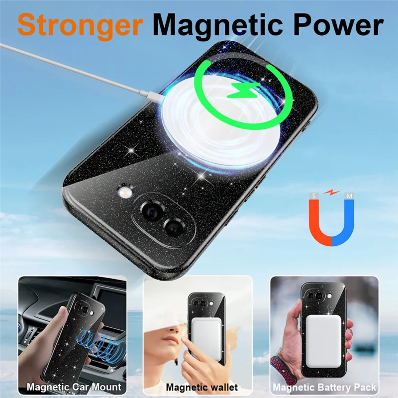 For Google Pixel 10a Magnetic Case Glitter TPU Shockproof Phone Cover with Lanyard - Black