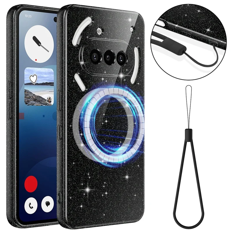 For Nothing Phone (3a) Magnetic Case Glitter TPU Shockproof Phone Cover with Lanyard - Black