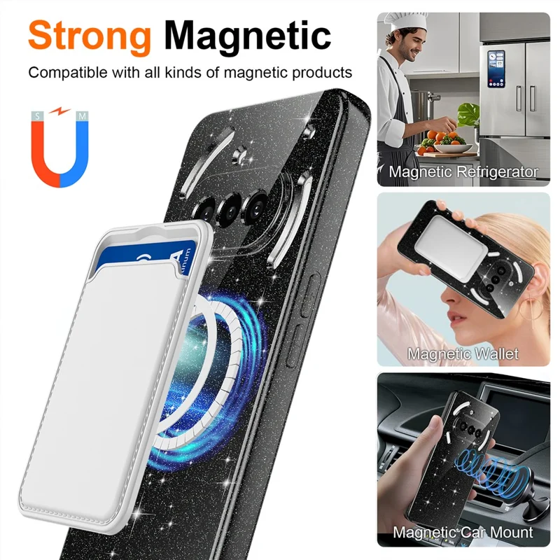 For Nothing Phone (3a) Magnetic Case Glitter TPU Shockproof Phone Cover with Lanyard - Black