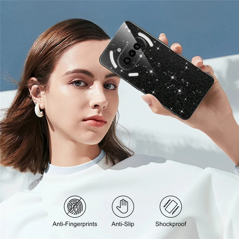 For Nothing Phone (3a) Magnetic Case Glitter TPU Shockproof Phone Cover with Lanyard - Black