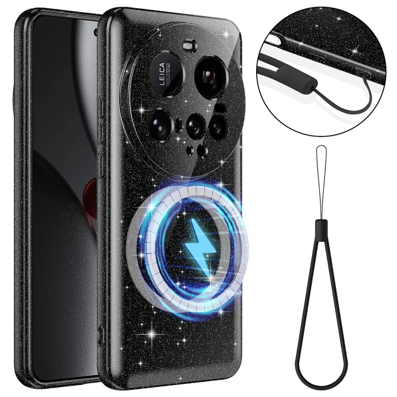For Xiaomi 15 Ultra Magnetic Case Glitter TPU Shockproof Phone Cover with Lanyard - Black