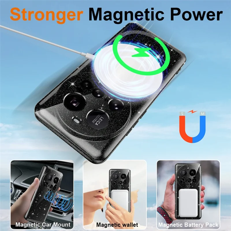 For Xiaomi 15 Ultra Magnetic Case Glitter TPU Shockproof Phone Cover with Lanyard - Black