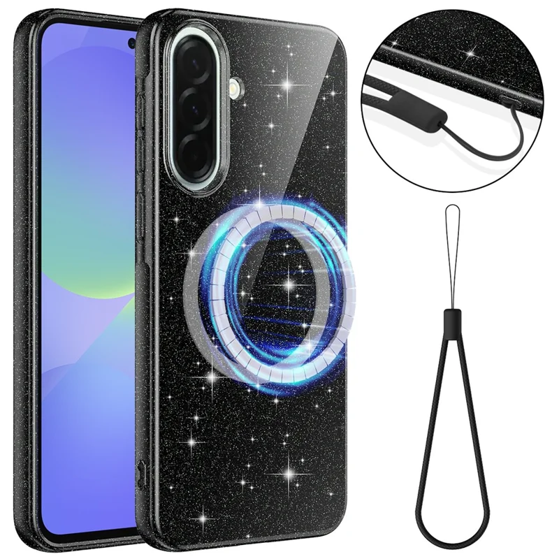 Magnetic Case For Samsung Galaxy A56 5G  /  A37 5G  /  A36 5G Glitter TPU Shockproof Phone Cover with Lanyard - Black