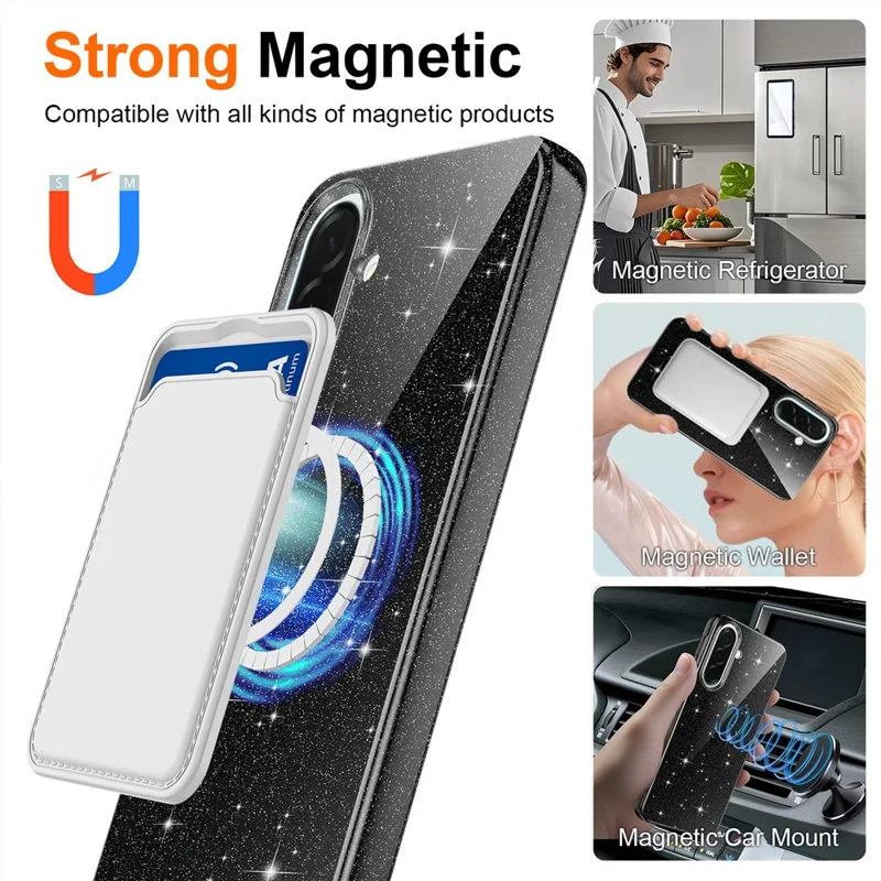Magnetic Case For Samsung Galaxy A56 5G  /  A37 5G  /  A36 5G Glitter TPU Shockproof Phone Cover with Lanyard - Black