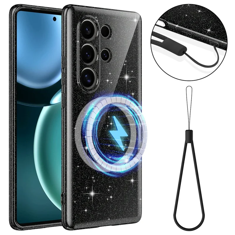 Cover magnetico per Samsung Galaxy S25 Ultra, custodia glitter TPU antiurto con laccetto - Nero