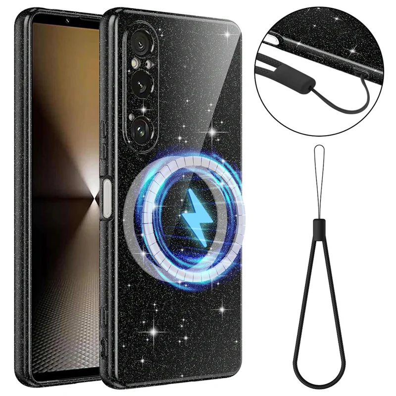 For Sony Xperia 1 VI Magnetic Case Glitter TPU Shockproof Phone Cover with Lanyard - Black