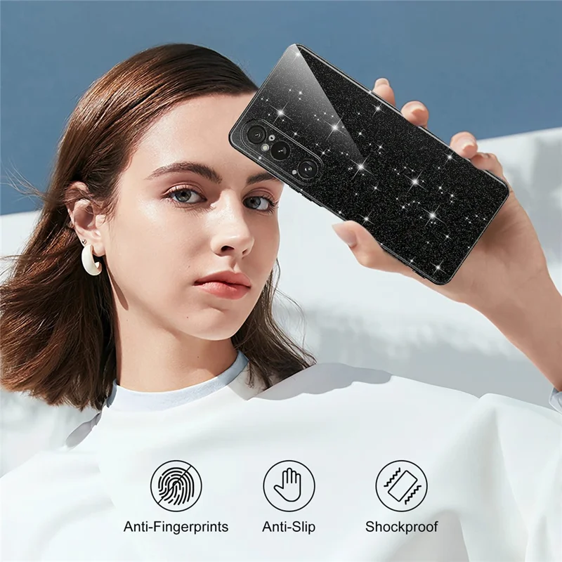 For Sony Xperia 1 VI Magnetic Case Glitter TPU Shockproof Phone Cover with Lanyard - Black