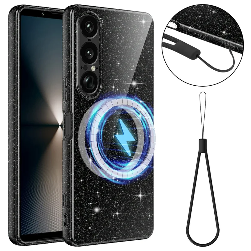 For Sony Xperia 1 VII Magnetic Case Glitter TPU Shockproof Phone Cover with Lanyard - Black