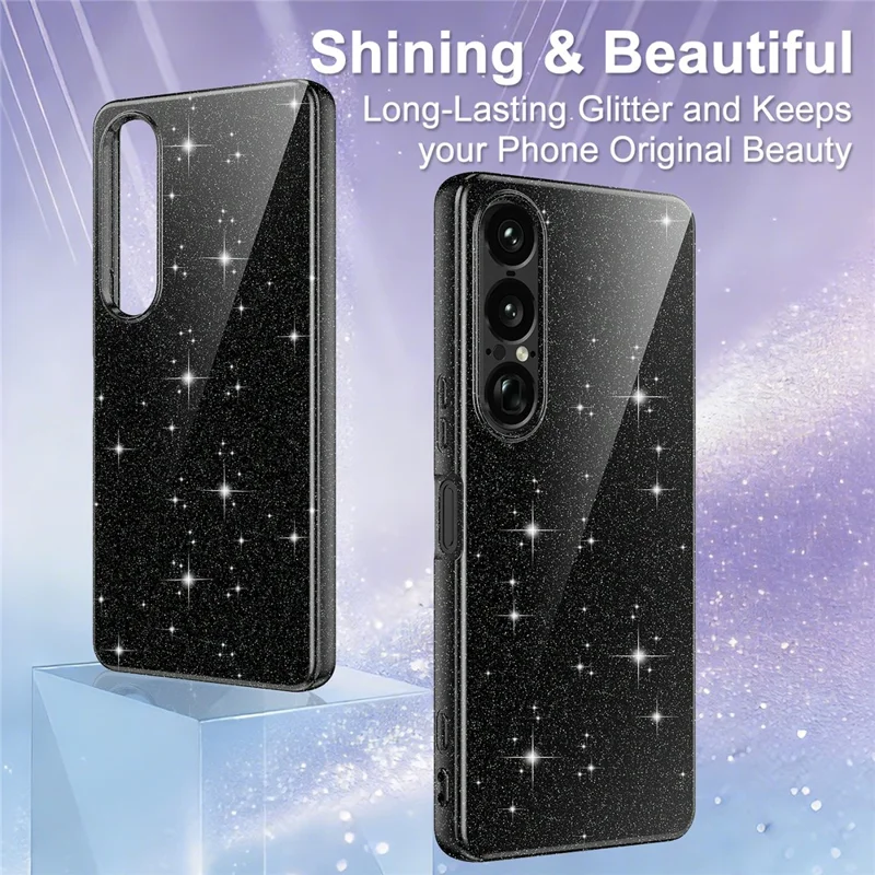 For Sony Xperia 1 VII Magnetic Case Glitter TPU Shockproof Phone Cover with Lanyard - Black