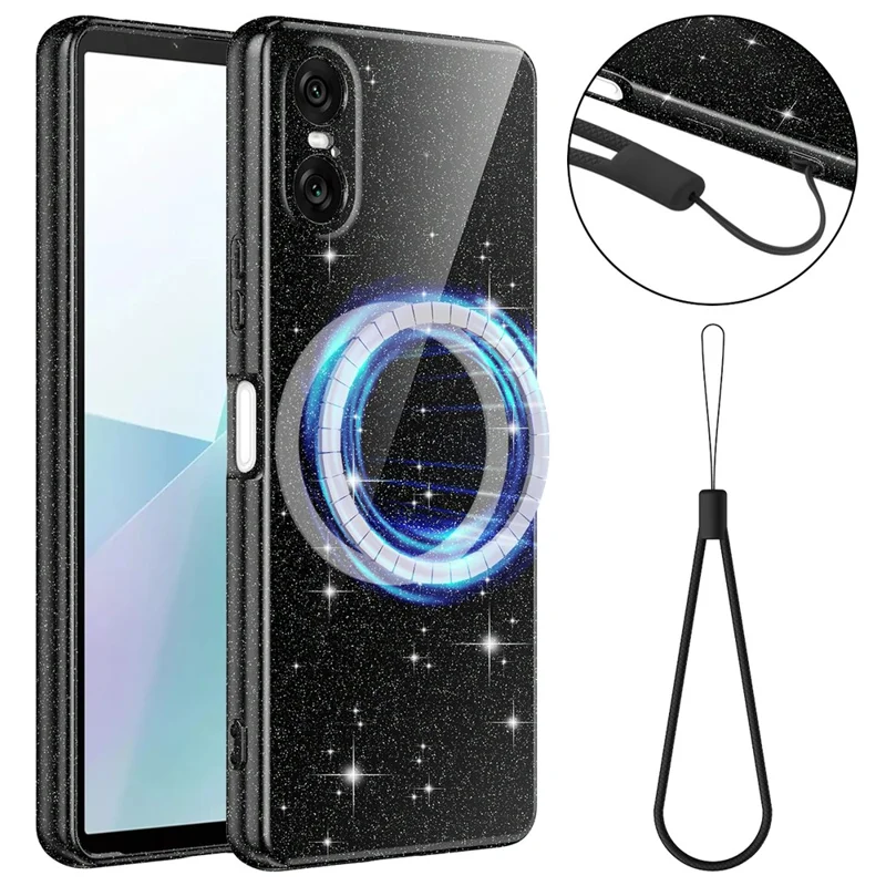 Für Sony Xperia 10 VI Magnetische Hülle Glitzer TPU Stoßfeste Handyhülle mit Handschlaufe - Schwarz
