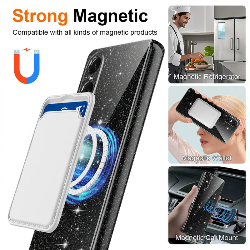 Für Sony Xperia 10 VI Magnetische Hülle Glitzer TPU Stoßfeste Handyhülle mit Handschlaufe - Schwarz