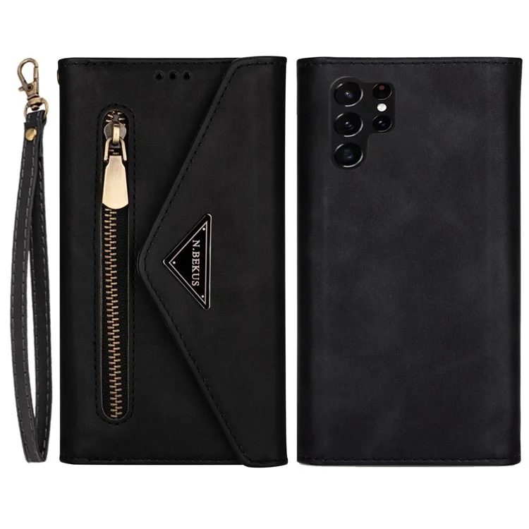 For Samsung Galaxy S23 Ultra Zipper Pocket Skin-touch Feeling Case PU Leather Wallet Stand Anti-drop Phone Cover with Short + Long Strap - Black