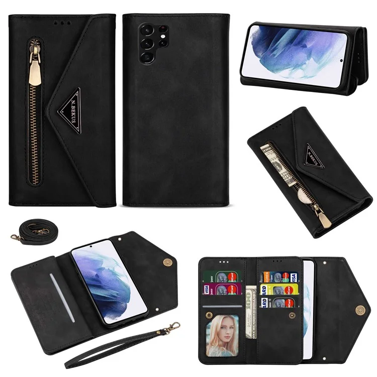 For Samsung Galaxy S23 Ultra Zipper Pocket Skin-touch Feeling Case PU Leather Wallet Stand Anti-drop Phone Cover with Short + Long Strap - Black