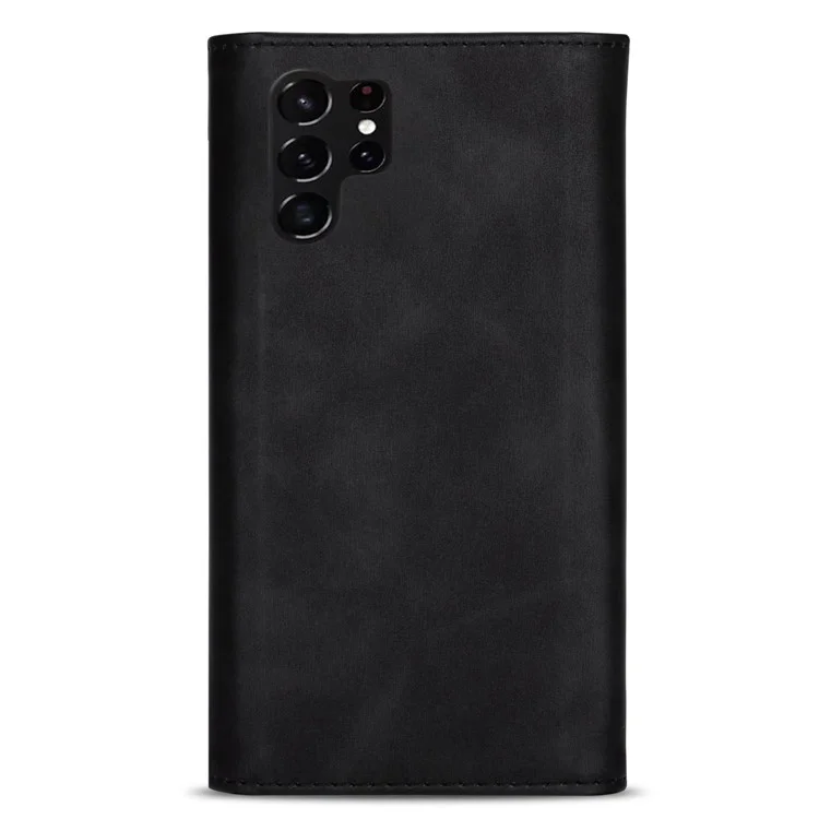 For Samsung Galaxy S23 Ultra Zipper Pocket Skin-touch Feeling Case PU Leather Wallet Stand Anti-drop Phone Cover with Short + Long Strap - Black