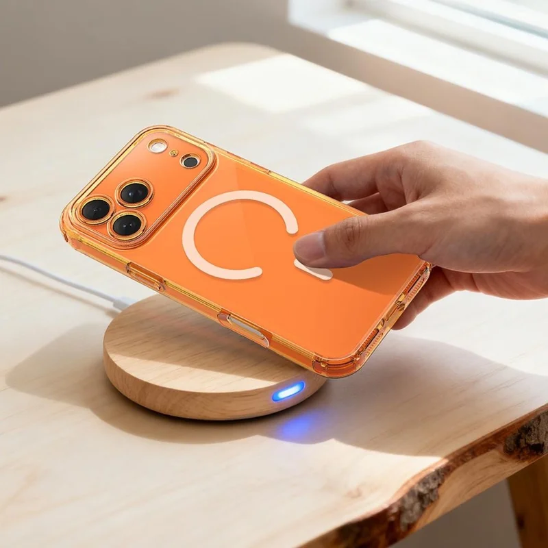 For iPhone 17 Pro Max Magnetic Case TPU Shockproof Clear Phone Cover with Removable Corner Pads Compatible with MagSafe - Transparent Orange