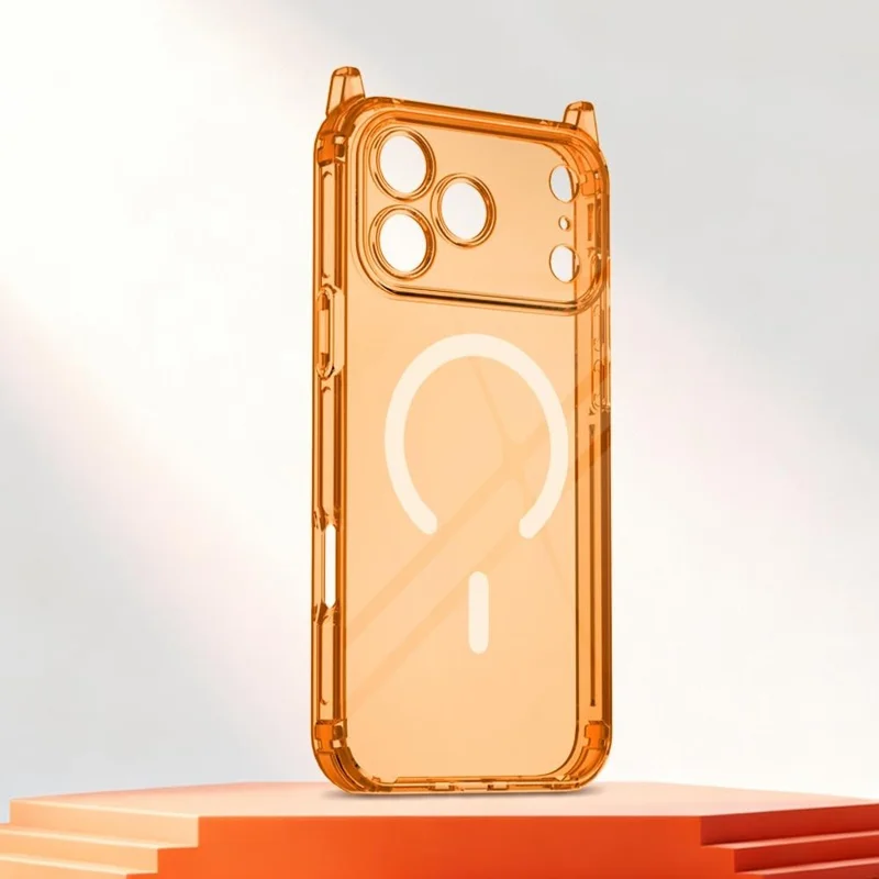 For iPhone 17 Pro Max Magnetic Case TPU Shockproof Clear Phone Cover with Removable Corner Pads Compatible with MagSafe - Transparent Orange