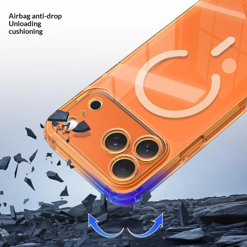 For iPhone 17 Pro Max Magnetic Case TPU Shockproof Clear Phone Cover with Removable Corner Pads Compatible with MagSafe - Transparent Orange